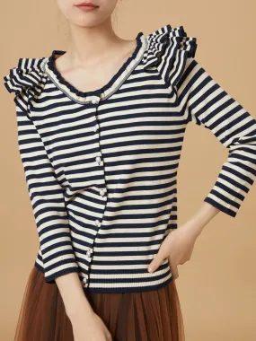 Surprise Sale! Navy/ cream Tiered Ruffle Shoulder Striped Cardigan