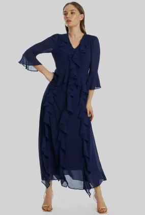 V-neck Chiffon Ruffle Dress In Navy