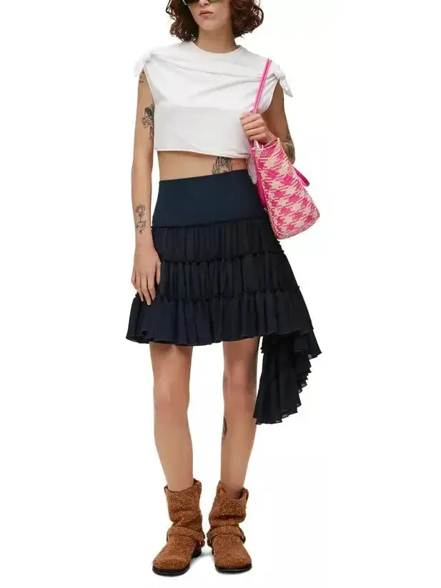 Women’s Asymmetric Ruffle Tiered Mini Skirt in Navy