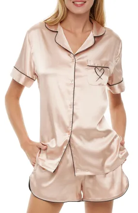 Women's Classic Satin Pajamas Set with Pockets, Short Sleeve PJs with Heart